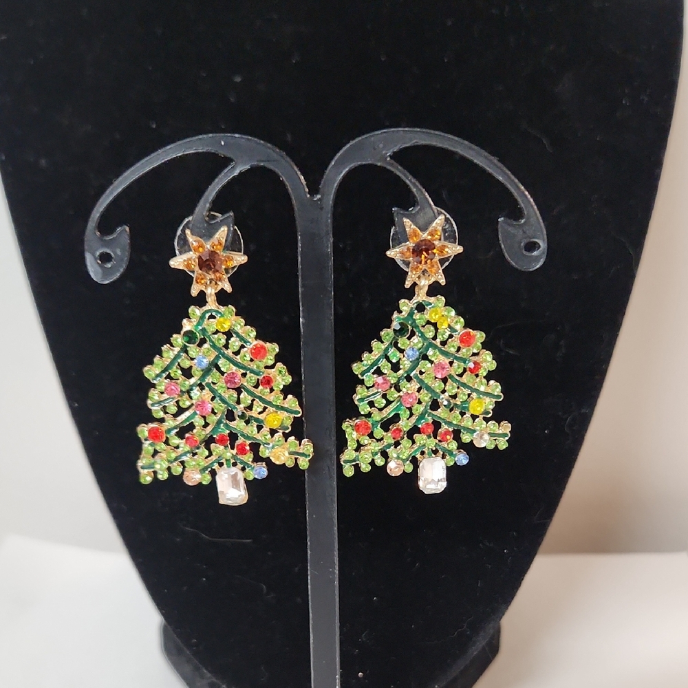 Festive Christmas Tree Rhinestone Earrings